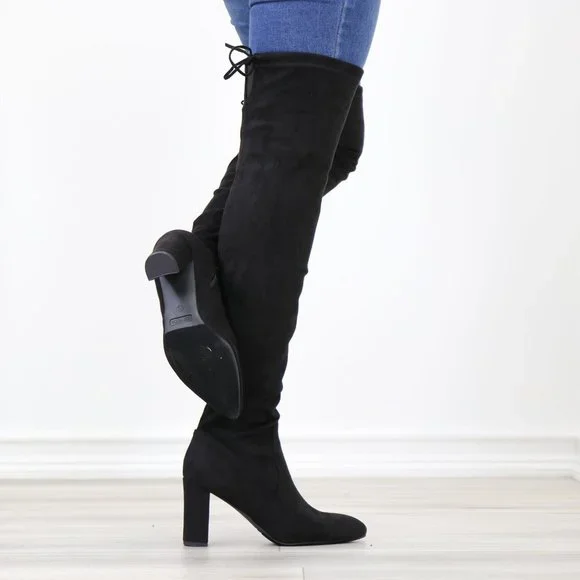 Black Thigh High Over The Knee Block High Heel Boots Pointy Toe Faux Suede - Picture 7 of 15